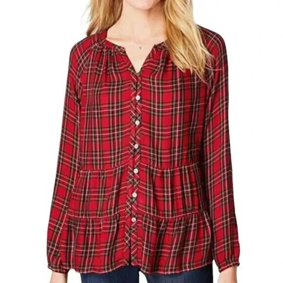 J Jill Tartan Plaid Top Size Medium Red Button Up Long Sleeve Ruffle Tiered - Picture 11 of 11